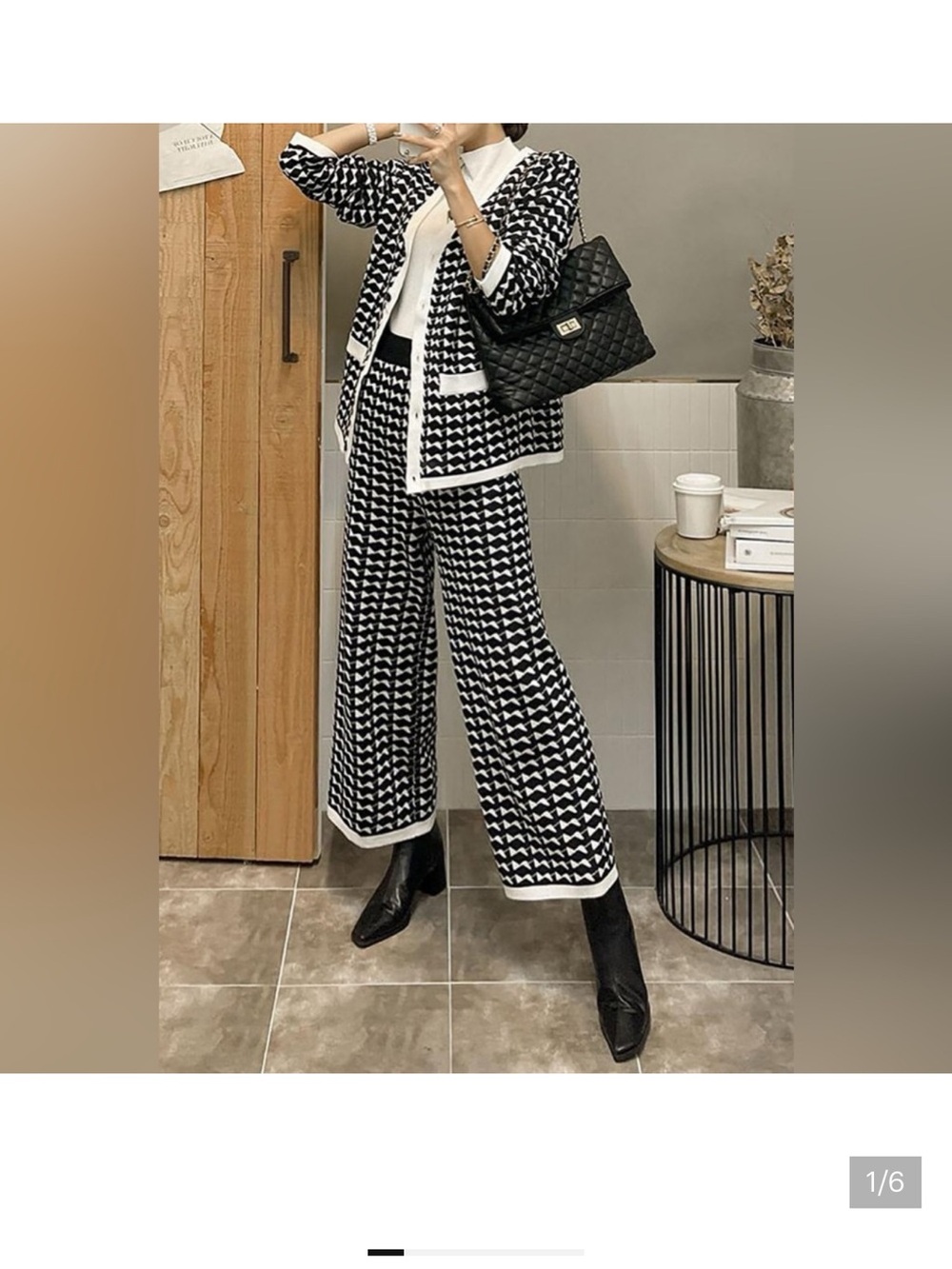 Black & White Houndstooth Wide-Leg Pants Suit